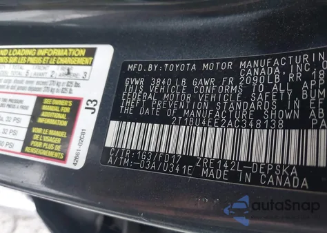 2010 Toyota Corolla S z USA, uszkodzony, nr VIN 2T1BU4EE2AC348138